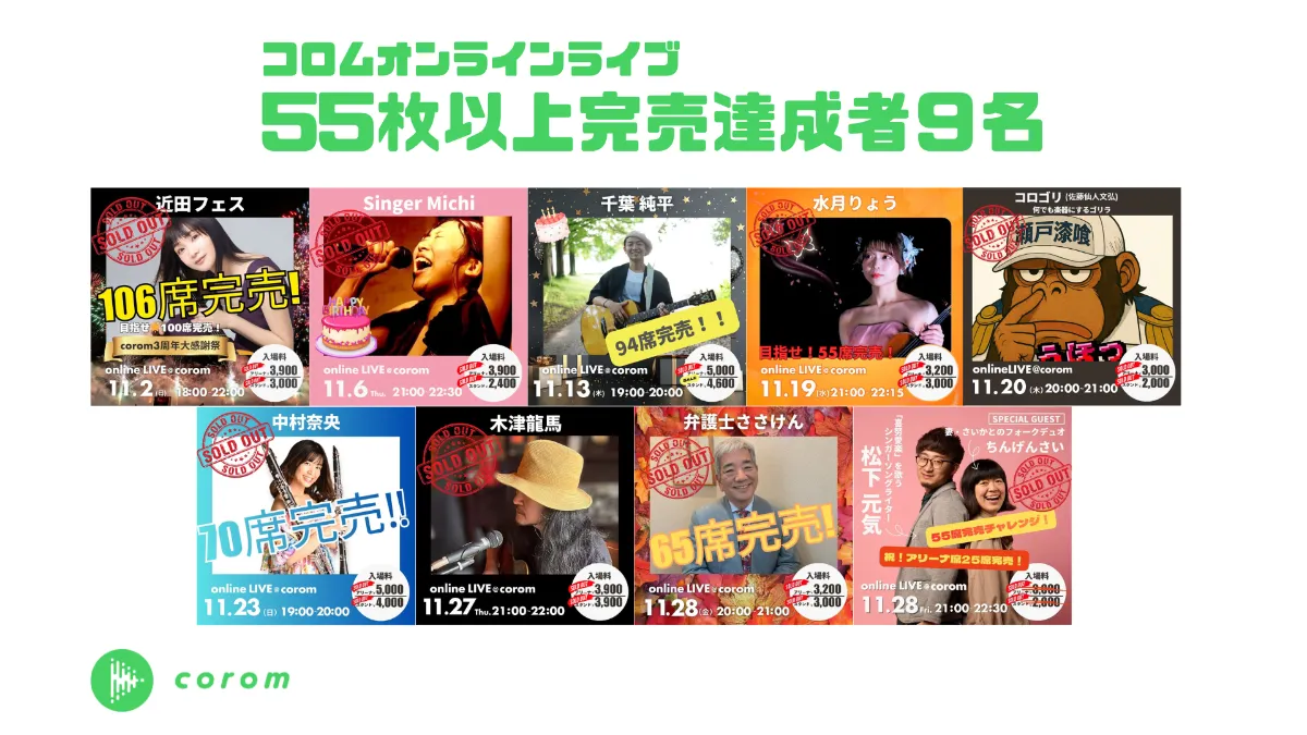 2025年11月の月間ハイライト。オンラインライブで55席以上を満席にしたコロムアーティスト9組を紹介！