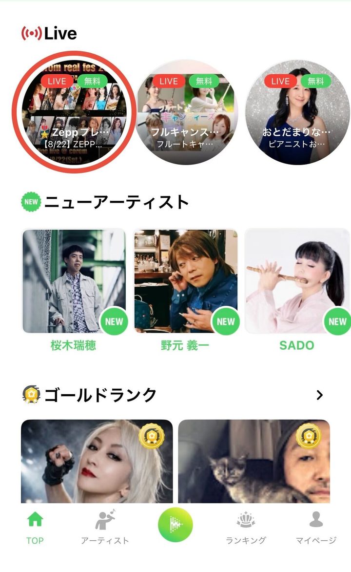 The live icons at the top of the screen, circled in red